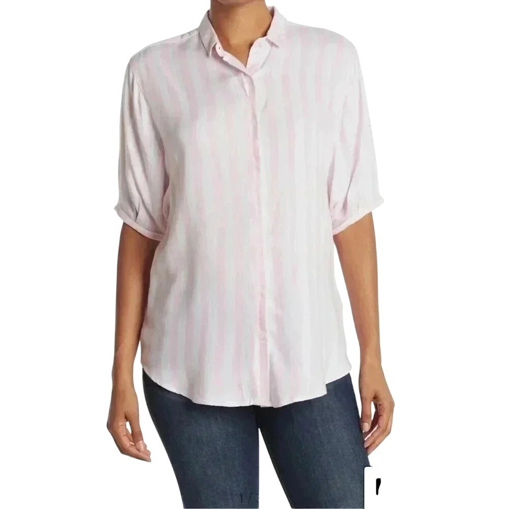 BeachLunchLounge Better Late Short Sleeve Stripe Shirt Button Up Pink Sz.‎ S $48